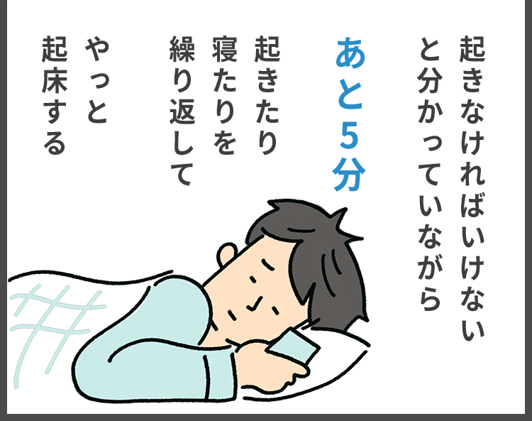 起きなけてばいけないと分かっていながらあと５分起きたり寝たりを繰り返してやっと起床する