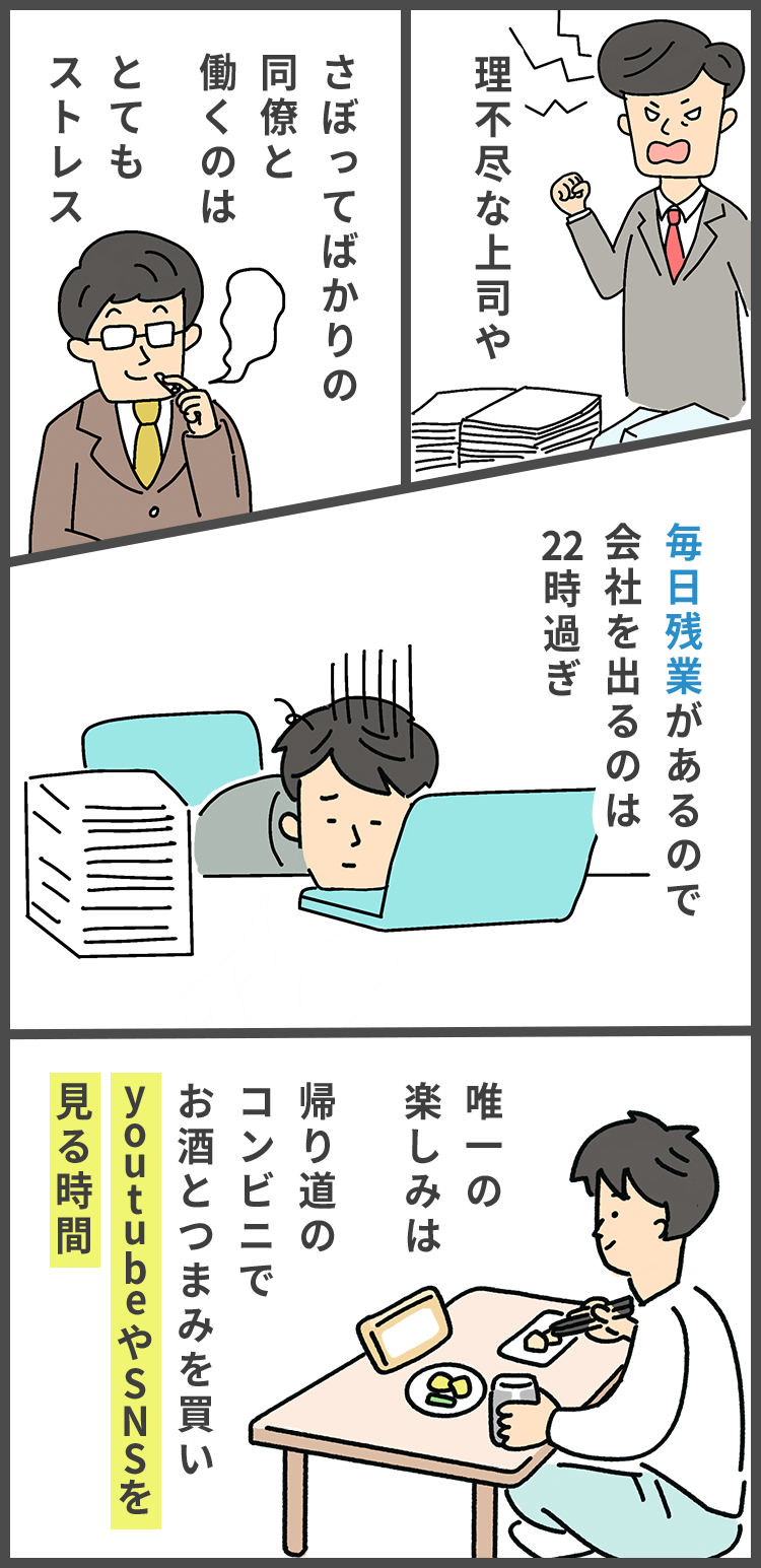 理不尽な上司やさぼってばかりの同僚と働くのはとてもストレス毎日残業があるので会社を出るのは２２時過ぎ